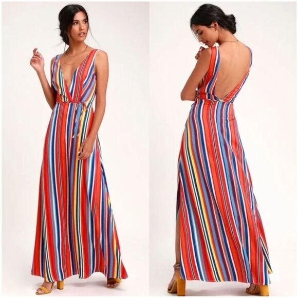 Lulus Elianna Rainbow Stripe Backless Maxi Dress $70 S - Picture 2 of 8